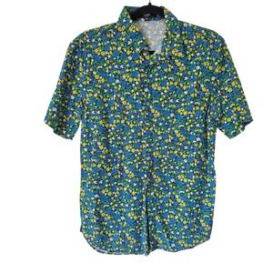 Versus Versace Designer Floral Short Sleeve Button Down Top Blue Yellow Italy 48